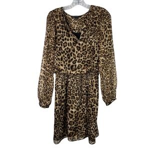 White House Black Market Blouson Dress Women’s 6 Brown Black Leopard Lined Sheer